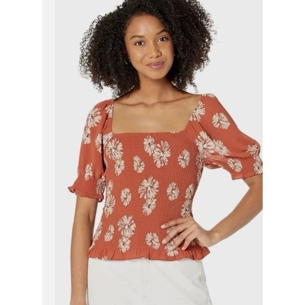 Madewell Georgette Lucie Puff-Sleeve Smocked Top Moody Blooms Rusty Torch XXS